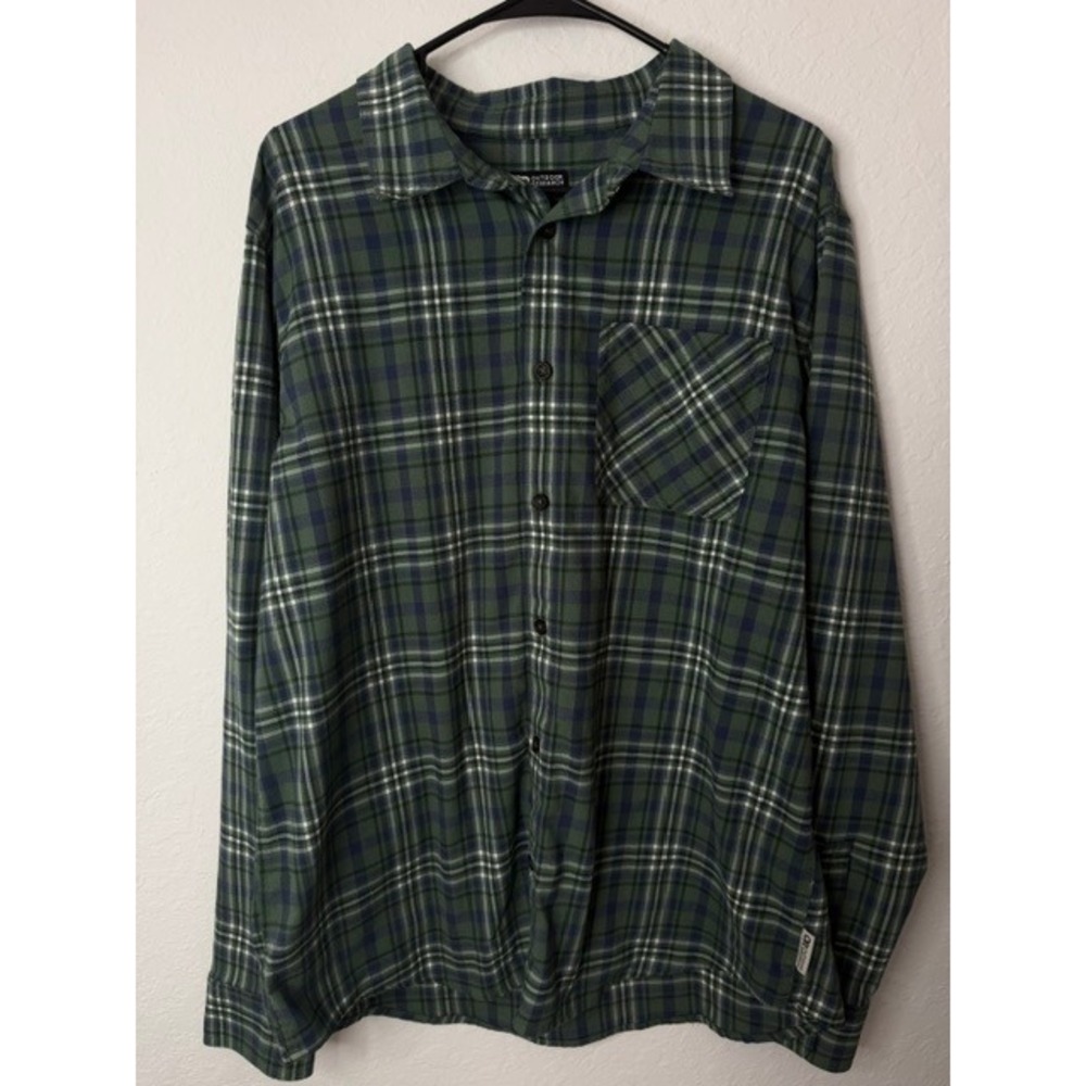 Outdoor Research Mens XL Green Blue Plaid Flannel Button Down Shirt Hiking L/S